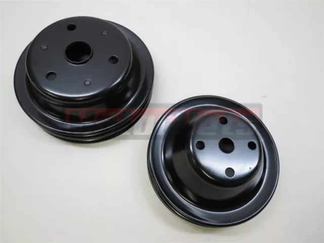 SBC 350 Small Block Chevy 2 Groove 2V V-Belt Black Pulleys Long Water Pump LWP