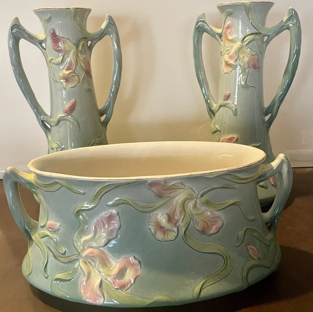 Fives Lille France Gustave de Bruyn Art Nouveau  Barbotine 3 piece set