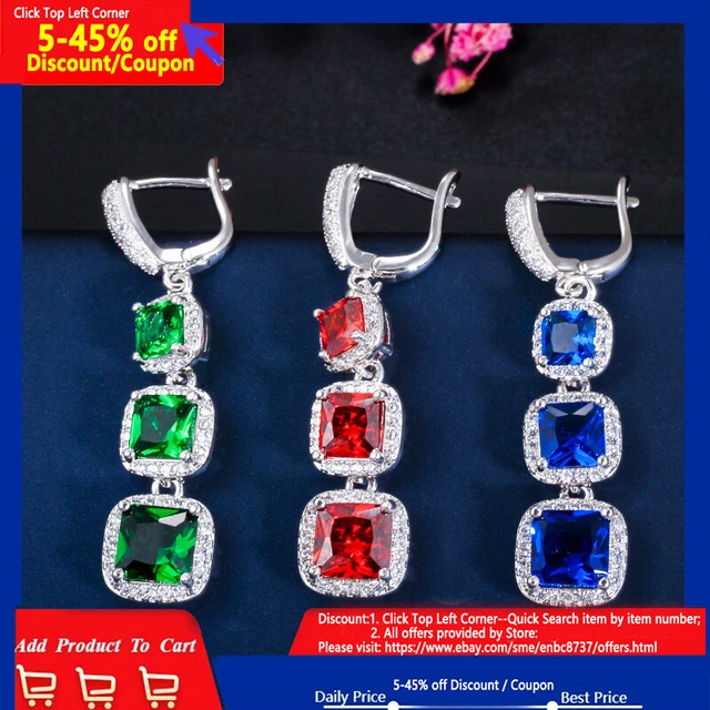 Silver Plated Red Square Cut Cubic Zircon Women Long Dangle Huggie Hoop Earrings