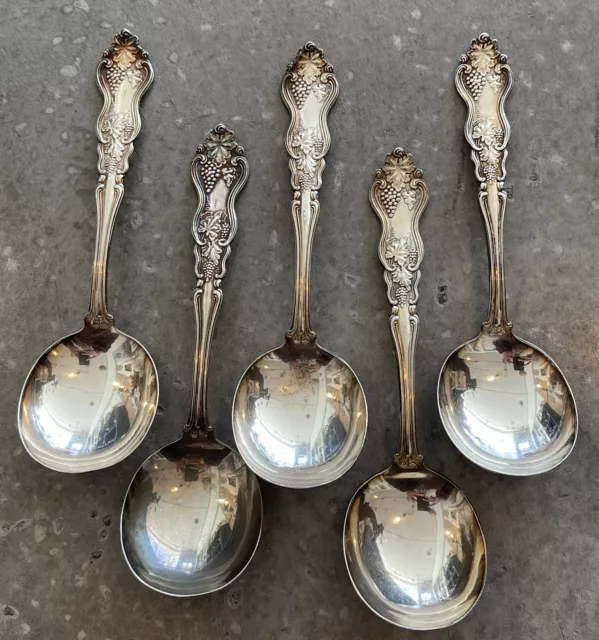 x5 Lovely Silver Plate Antique Soup Spoons ABCO Ornate Grape & Leaf Pattern