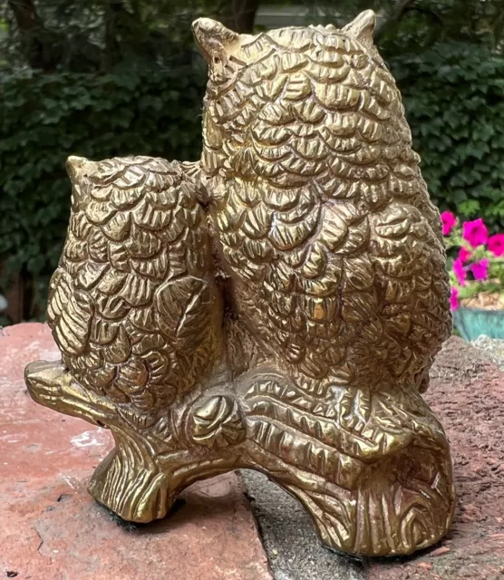 Vtg Brass Owl + Owlet Raptor Bird Duo Perched on Log Statue Small Curio 2