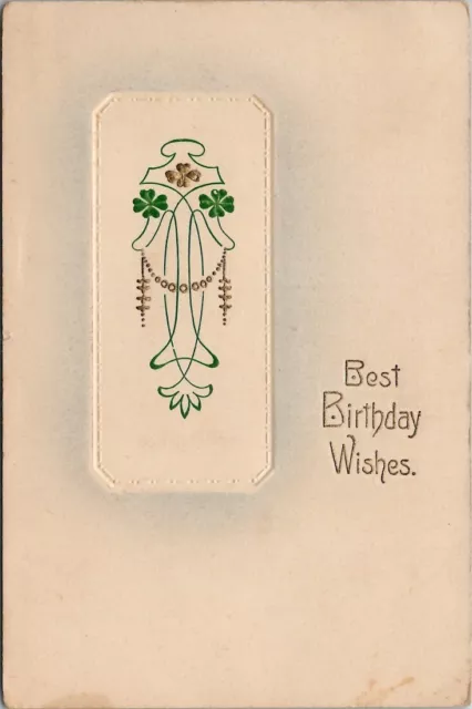 Quaint Birthday Wishes Lovely Art Deco With Four Leaf Clovers Postcard T20