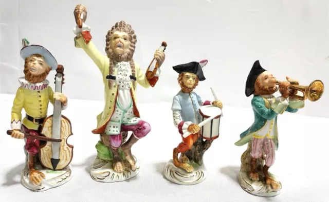 S/4 Vintage Ceramic Porcelain Monkey Band Figurines +/- 8”