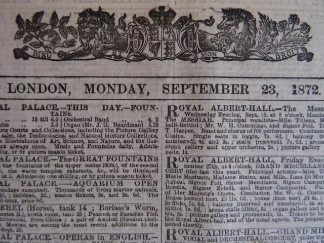 1872 THE LONDON TIMES Monday 23rd September 1872 Antique Victorian Newspaper