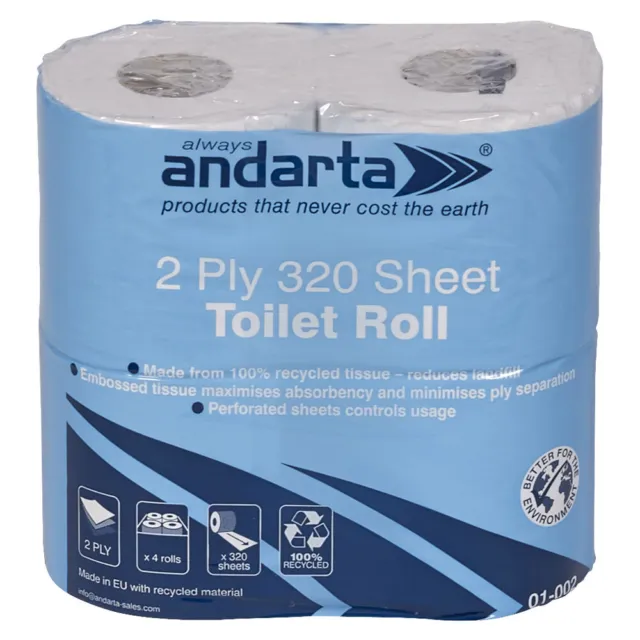 Andarta 01-002 2Ply 320 Sheet Toilet Rolls - 9 x Packs of 4