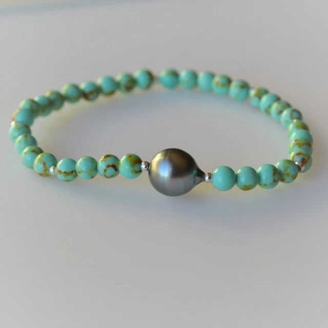 Perle de Tahiti Paon de 10,55 x 8,90 mm + Perles de Turquoise - Bracelet