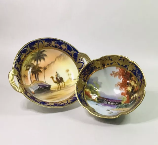 2Vintage Porcelain Japanese Noritake Gilded Bowls Camel Egypt & Landscape Scenes