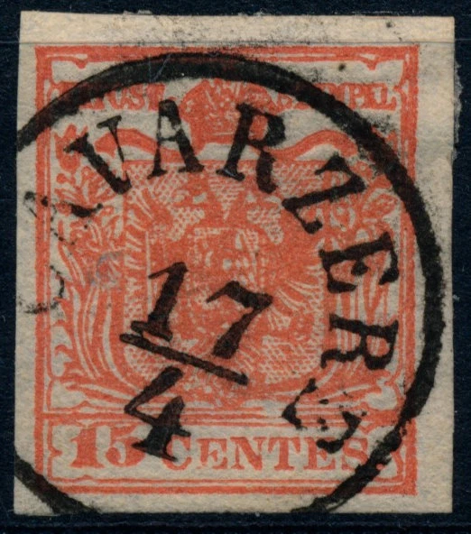 LOMBARDEI-VENETIEN 1850 15C, HP, Type III. PLATTENFEHLERN! CAVARZERE.
