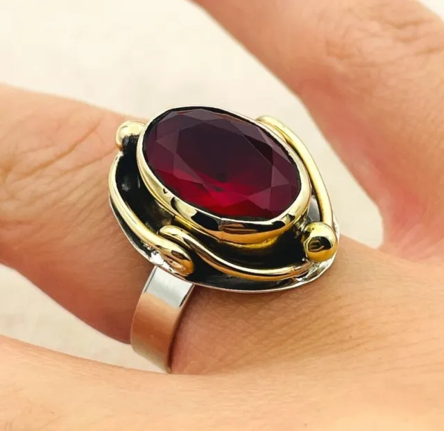 Womens's Silver Ring,Red Ruby Stone,Adjustable Size Ring,925K Sterling Silver