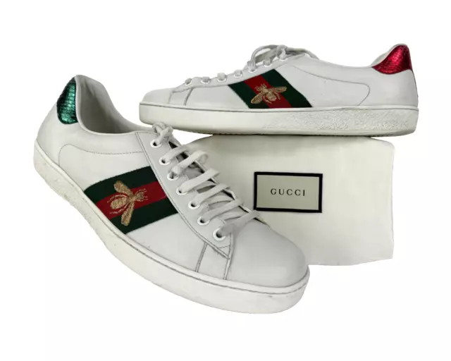 Gucci Auth Men 9.5 US 9 UK 43 EU White Leather Web Bee Ace LowTop Sneakers Shoes