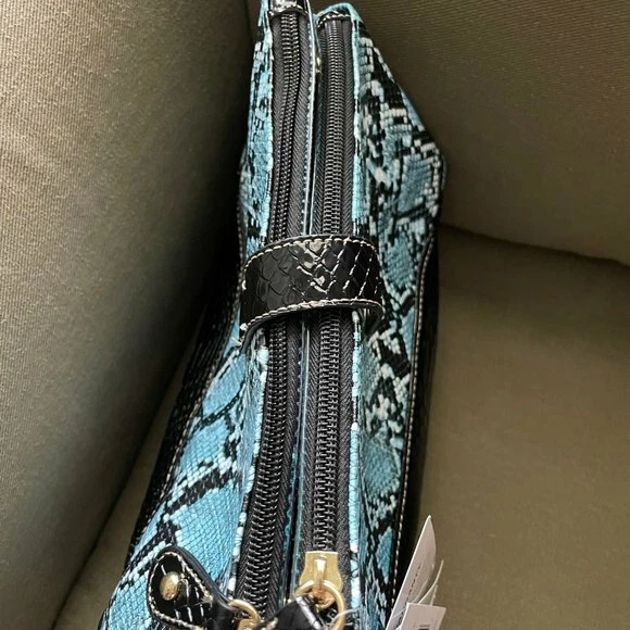 Samantha Brown Embossed  Snake Print 3 Compartment Organizer BLUE/BLACK nwt 8