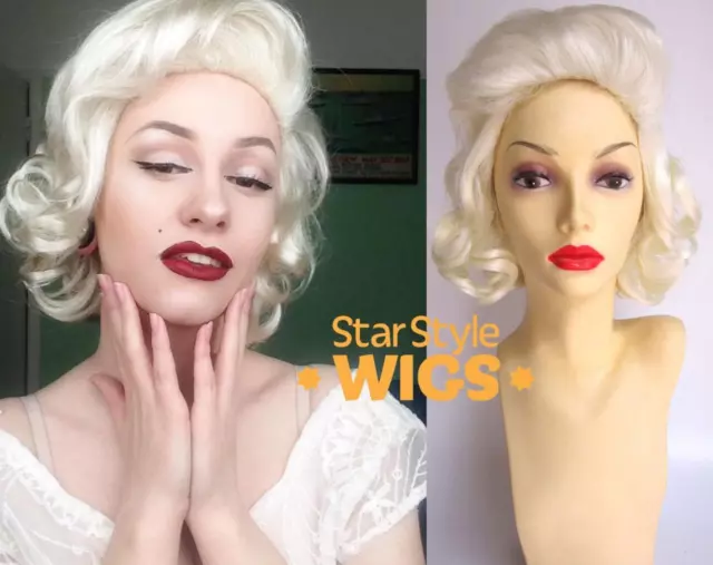 DELUXE MARILYN MONROE WHITE BLONDE SHORT CURLY CLASSIC COSTUME WIG 1950s PIN UP