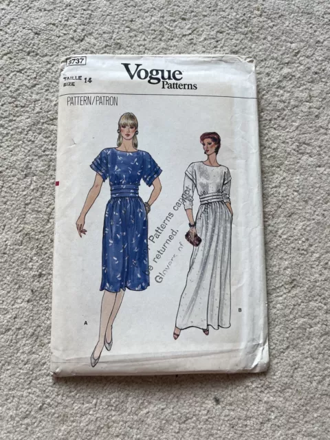 Vintage Vogue Pattern No. 8737 2 Dress Pattern UK Size 14 80s Style Sewing