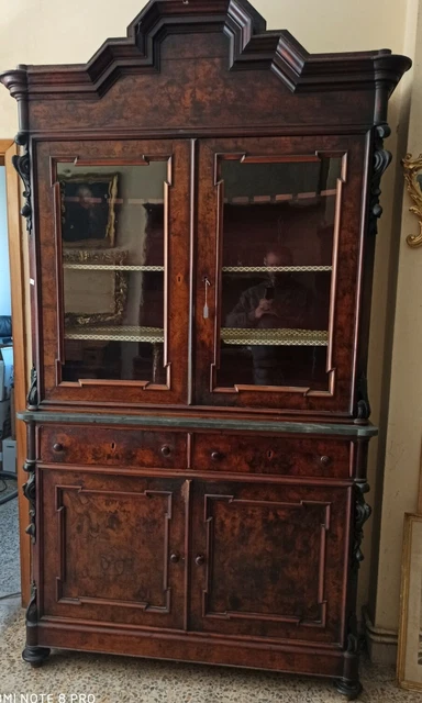 Credenza  antica Con Alzata  In Radica noce marmo XIX sec Liguria