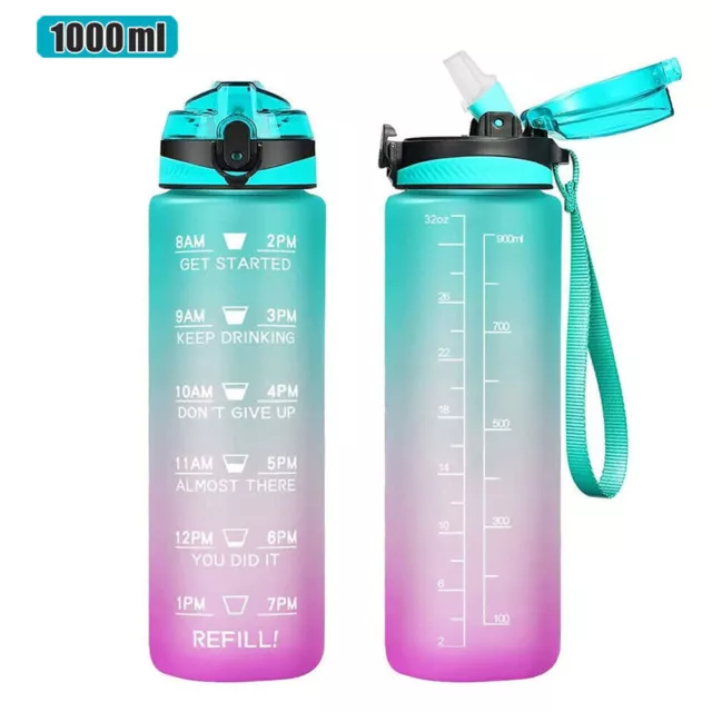 1L/2L Water Bottle Sport Motivational Large Time Mark Drinking Bottle with Straw