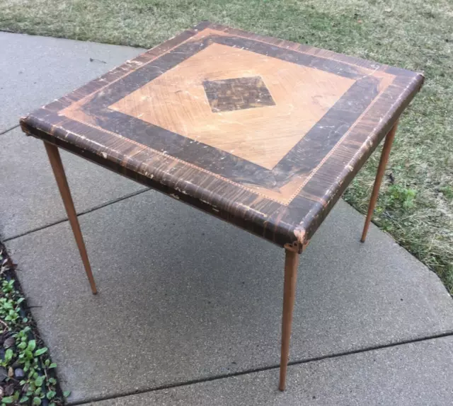 **Vintage MCM DURHAM FOLDING CARD TABLE MARQUETRY LOOK TOP USA 30" X 30" LABEL