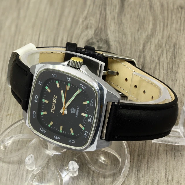 Montre Vintage Poljot Mécanique Homme Des Années 1980 - Argentée Avec Bracelet Cuir