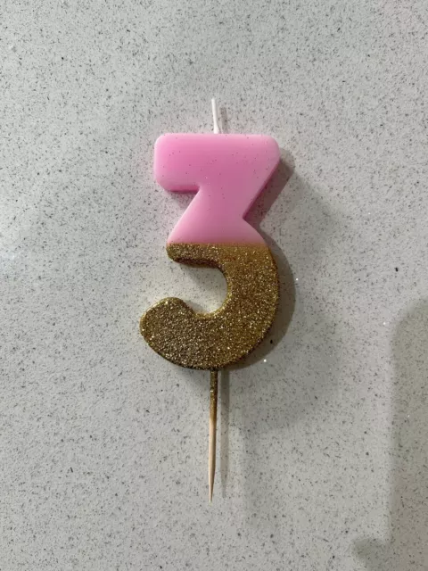 Gold Sparkle Pink Number Three 3 Birthday Candle Sparkle Glitter Brand New
