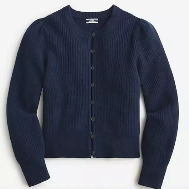 J. Crew 100% Cashmere Puff Sleeve Cardigan Sweater Navy Blue Women's XL