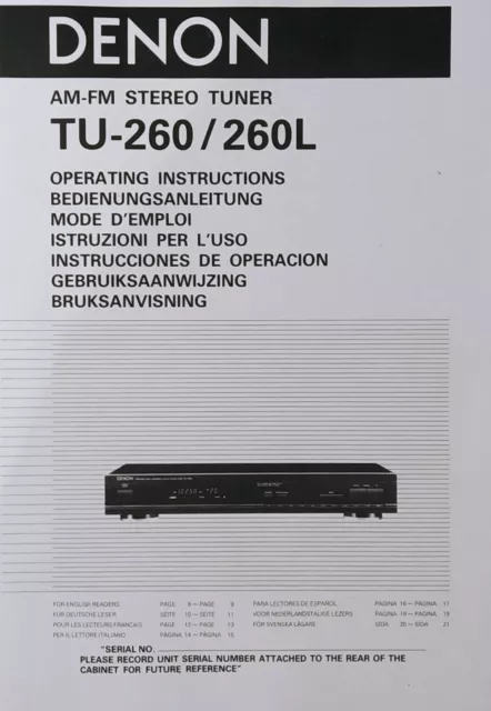 Denon TU-260 / TU-260L - AM FM Stereo Radio Tuner - Instruction - USER MANUAL