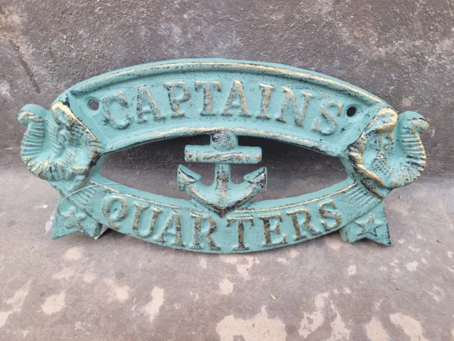 Cast Iron Captains Quarters Wall Plaque Sign Nautical Beach Decor - Green Gold