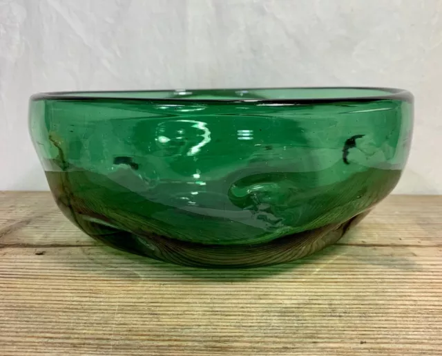 Vintage Blenko Style Green Indented Dimpled Hand Blown Art Glass Bowl