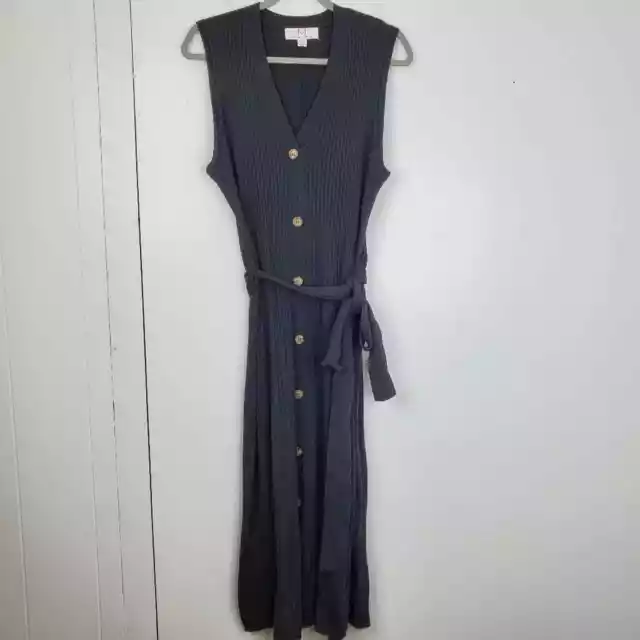 Magaschoni Ribbed Midi Dress Button Front V Neck Sleeveless Tie Waist Womens XL