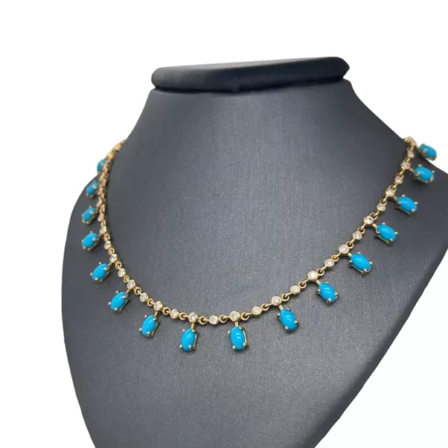 Art Deco 14K Yellow Gold Over Turquoise & Diamond Dangle Signature 20" Necklace 3