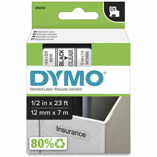 Dymo DYM45010 LabelPoint 100 D1 Tape Cartridge, 1/2" x 23 ft, Black on Clear