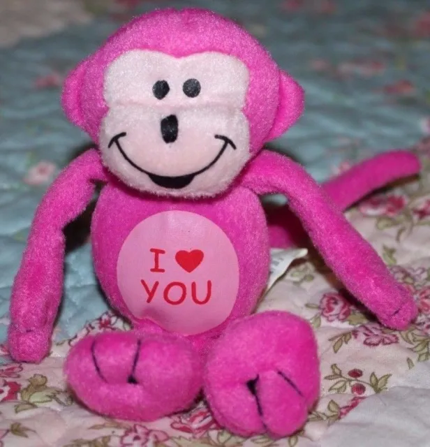 ✅ UPSIDE DOWN PAW 6" Pink Monkey Plush Valentine I Heart You, Wire Tail to Hang