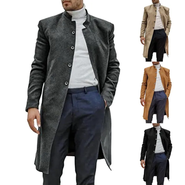 Men's Winter Faux Wool Overcoat Thicken Warm Trench Coat Long Button Up Jacket