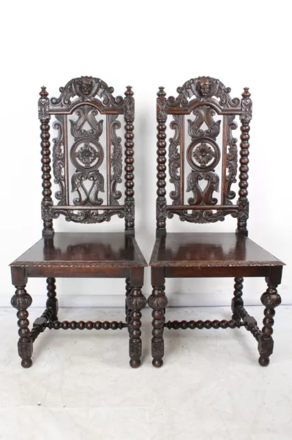 Pair Antique Victorian Gothic Oak Chairs -Vintage Carved Hall Kitchen End Chairs