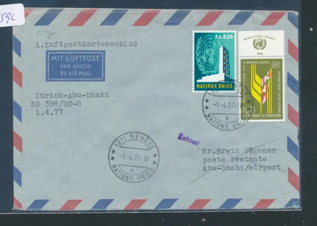 1592) Switzerland, SR 1.KS Zurich - Abu Dhabi 1.4.77, letter from UN Geneva