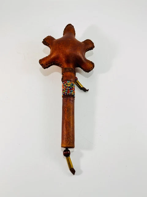 Native American Rawhide Leather w/ Beads Rattle Shaker 10"