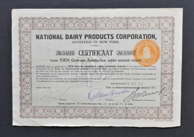 USA / Netherlands - National Dairy Products Corp.  - 1937 - Dutch cert. -RARE-