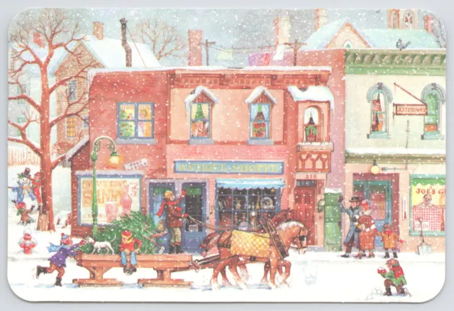 Christmas~Main Street in Winter~Horse Drawn Sleigh with Tree~Dog~Continental Pc