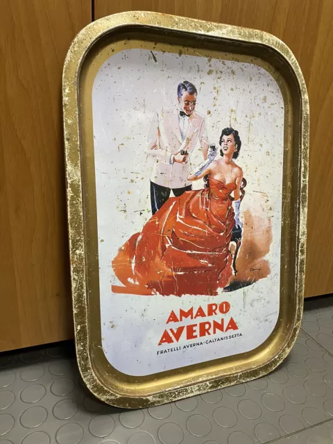 🔺Vassoio INSEGNA Amaro AVERNA TABELLA EMAILLEE ARREDO PLAQUE CAMPARI VINTAGE