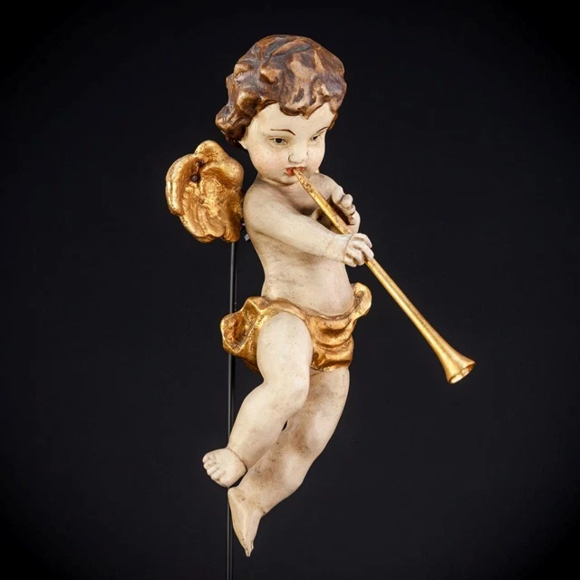 Ángel Escultura Arcángel Músico Madera Figura Vintage Madera Estatua 30cm