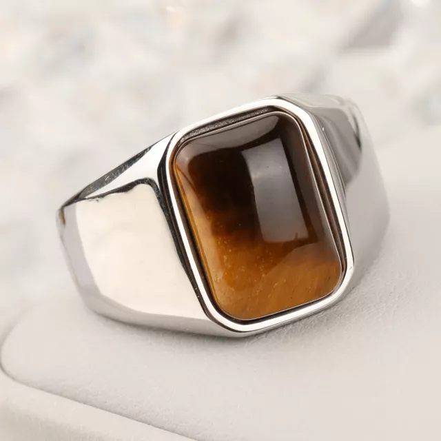 Mens Stainless Steel Natural Tiger Eye Rectangle Stone Ring For Men Size 7-12