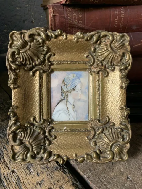 Antique Miniature Original Painting Female Portrait In Blue Ornate Gilt Frame Sd