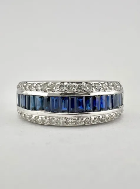 Designer 18K White Gold Channel Set Baguette Blue Sapphire & Diamond Band Ring