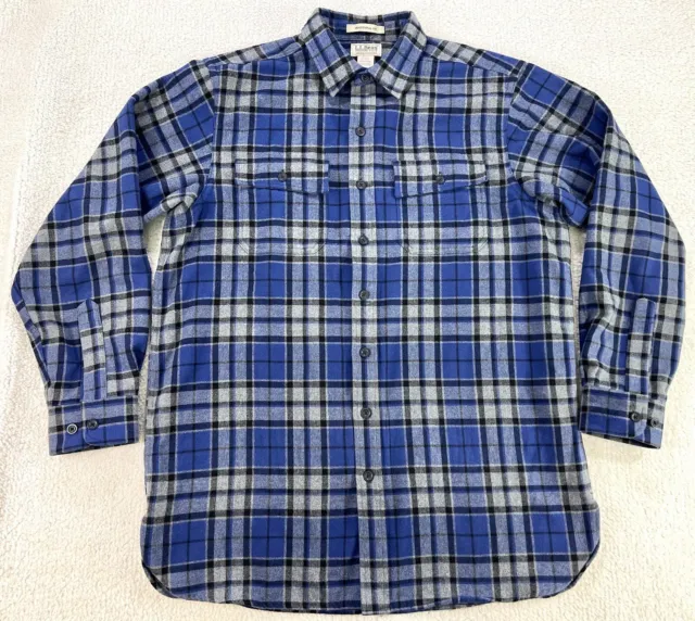 LL BEAN SHIRT Blue Plaid Chamois Flannel Button Up Outdoor Mens Size ...