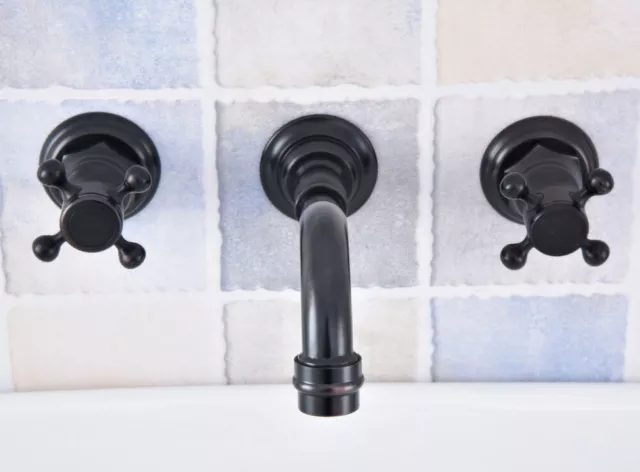 Grifo fregadero de baño extendido de 3 orificios montaje en pared de latón frotado con aceite de montaje en pared