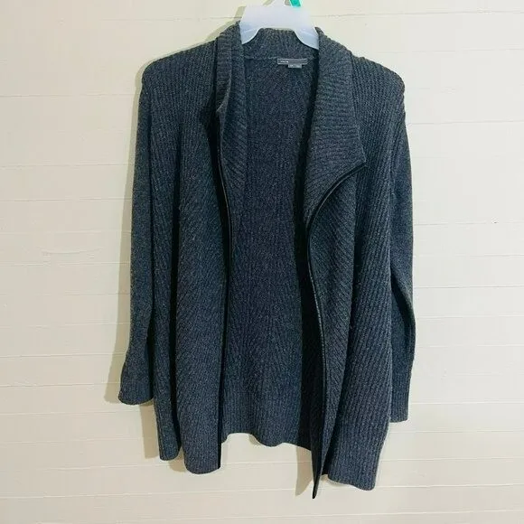 Vince Wool Cashmere Blend Open Front Cardigan with Leather Trim Grey SZ XS