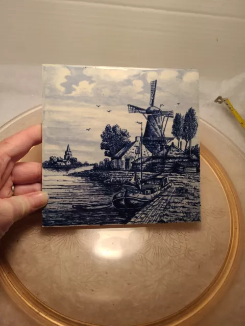 Delft Blauw Handpainted Tile Trivet 6" Windmill Boats Houses