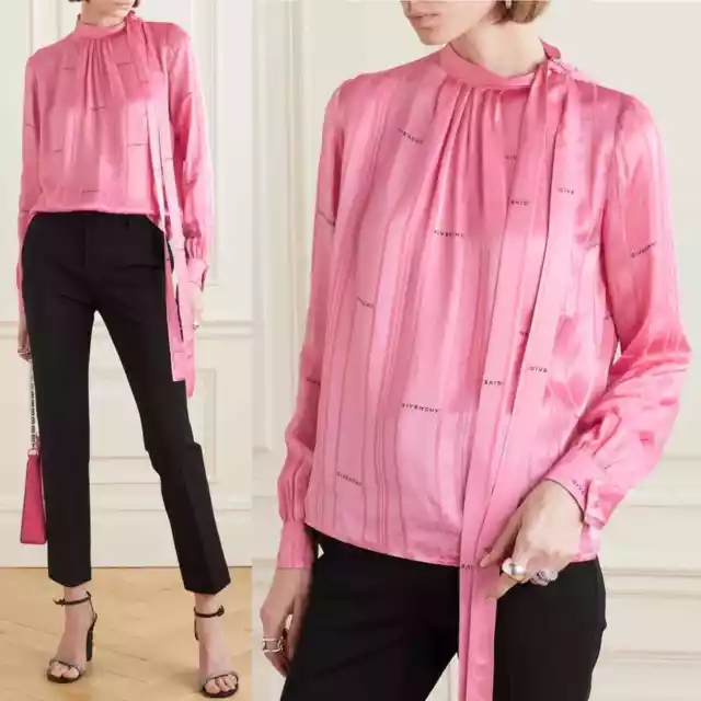 Givenchy Women's Size 6 Pink Pussy Bow Satin Logo Jacquard Blouse NWT $1600