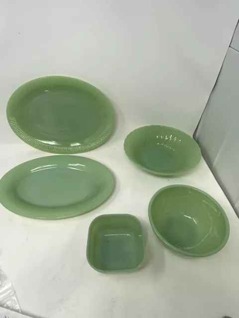 SET OF 5 FIRE-KING JADEITE  Oval Plate,JANE RAY plate, butter dish, S & L bowls