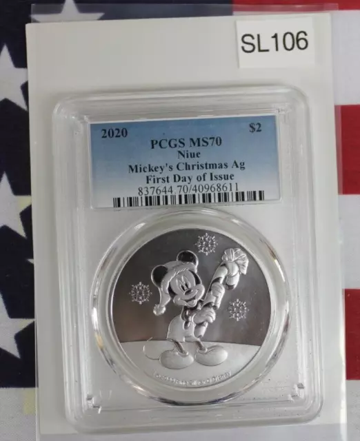 2020 Mickey's Christmas - Silver 2 Dollars - Niue - PCGS MS70 First Day (SL106)