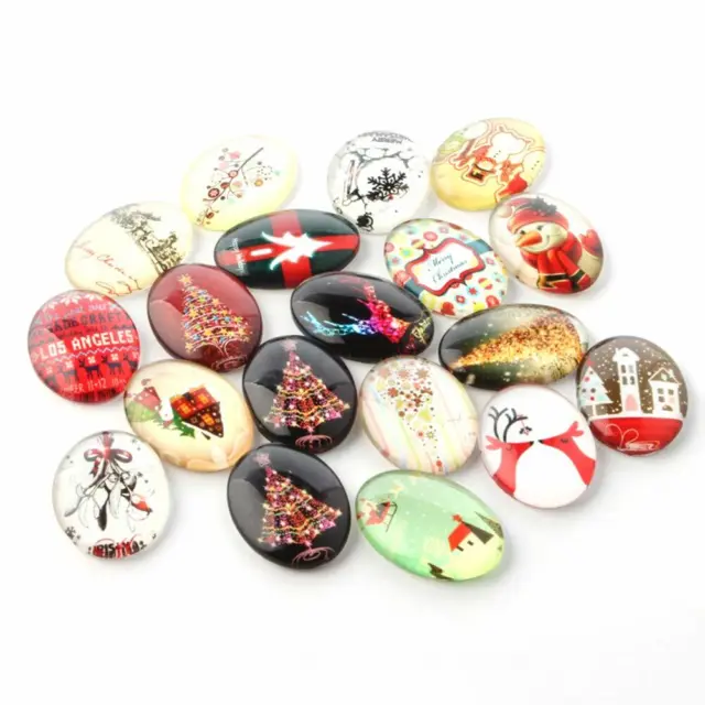 10x Festival Xmas Theme Glass Oval Flatback Cabochons Mixed Color 25x18x6mm