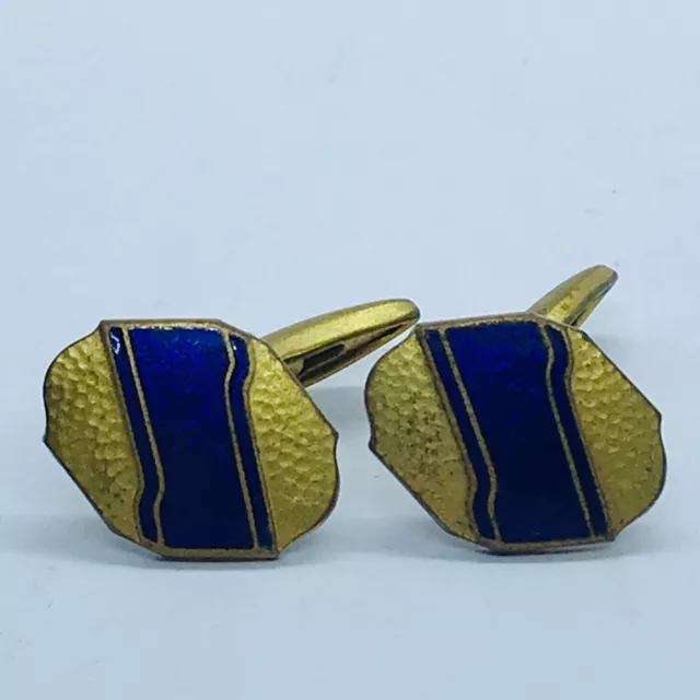 Art Deco Cufflinks Vintage 1930s Blue Enamel Hammered Gilt Metal